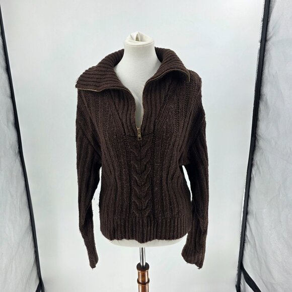 525 Brown Cable Knit Half-Zip Pullover Sweater,  Size S - Picture 2 of 13